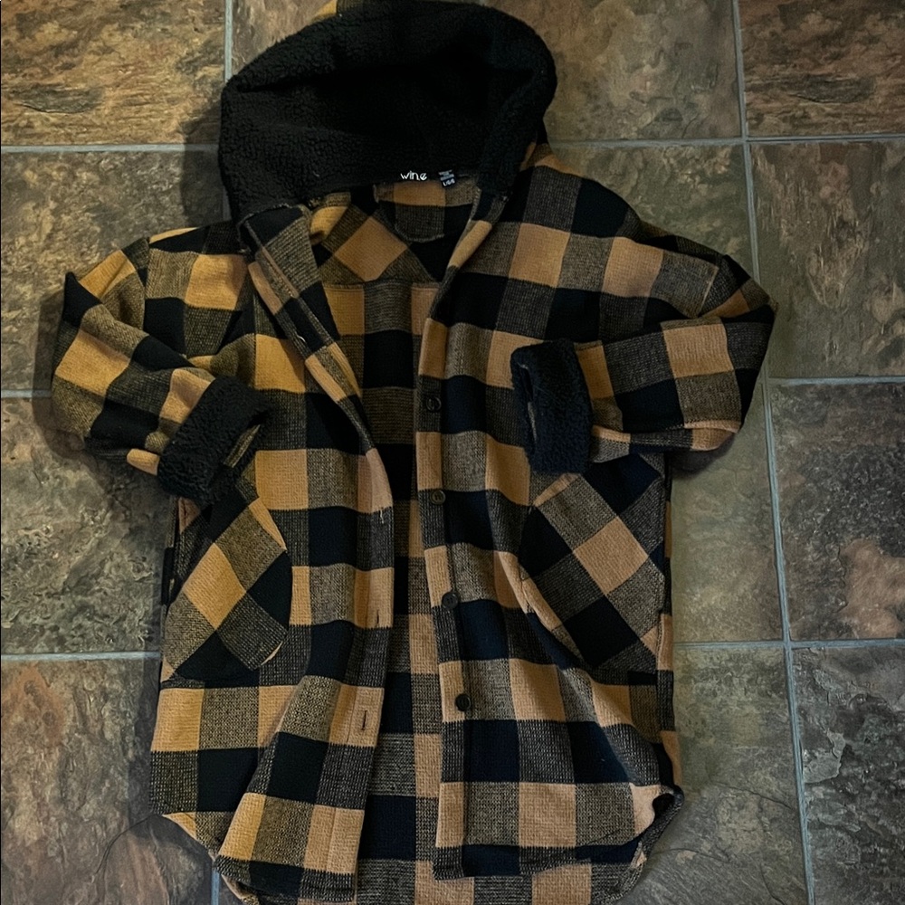Plaid Hooded Cardigan/ jacket- Black and Tan, Size large
